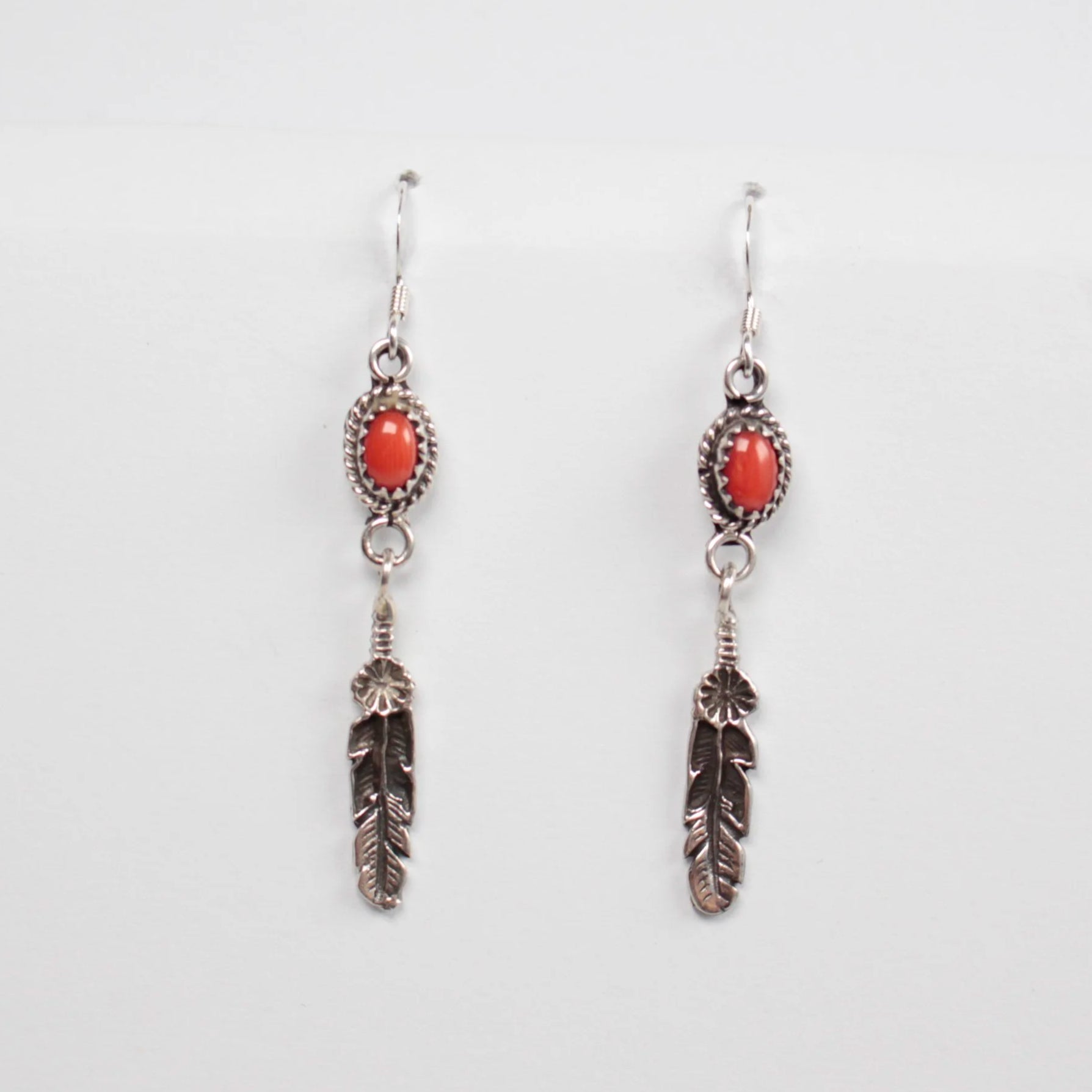 Navajo Coral Feather Earrings