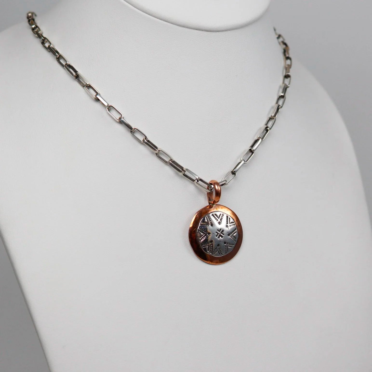 Round Stamped Sterling and Copper Pendant