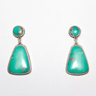 A pair of Sterling Silver dangle earrings featuring oval and teardrop-shaped Fox Turquoise stones with natural matrix inclusions, set against a plain white background.