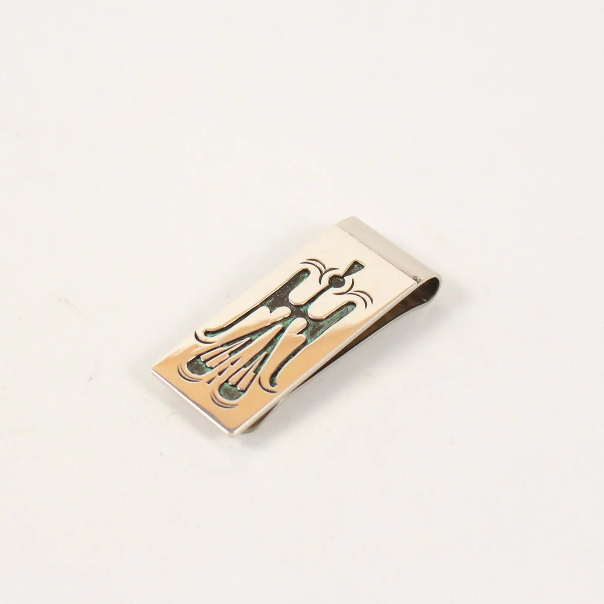 Sterling silver money clip with a black design on a light gray background
