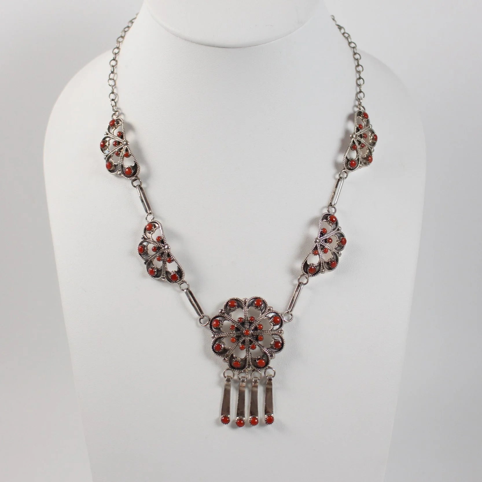 Zuni Petit Point Filigree Coral Necklace & Earring Set