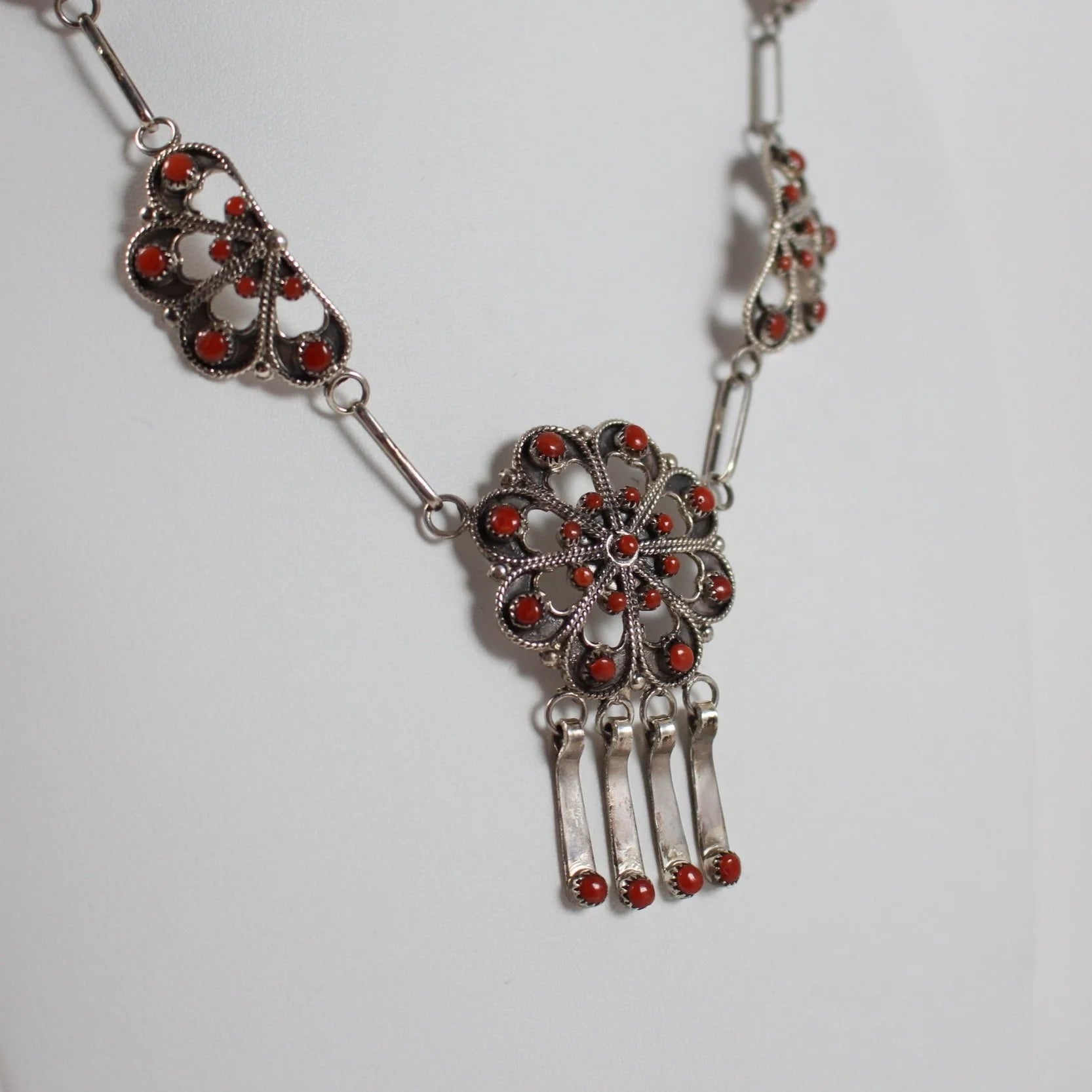 Zuni Petit Point Filigree Coral Necklace & Earring Set